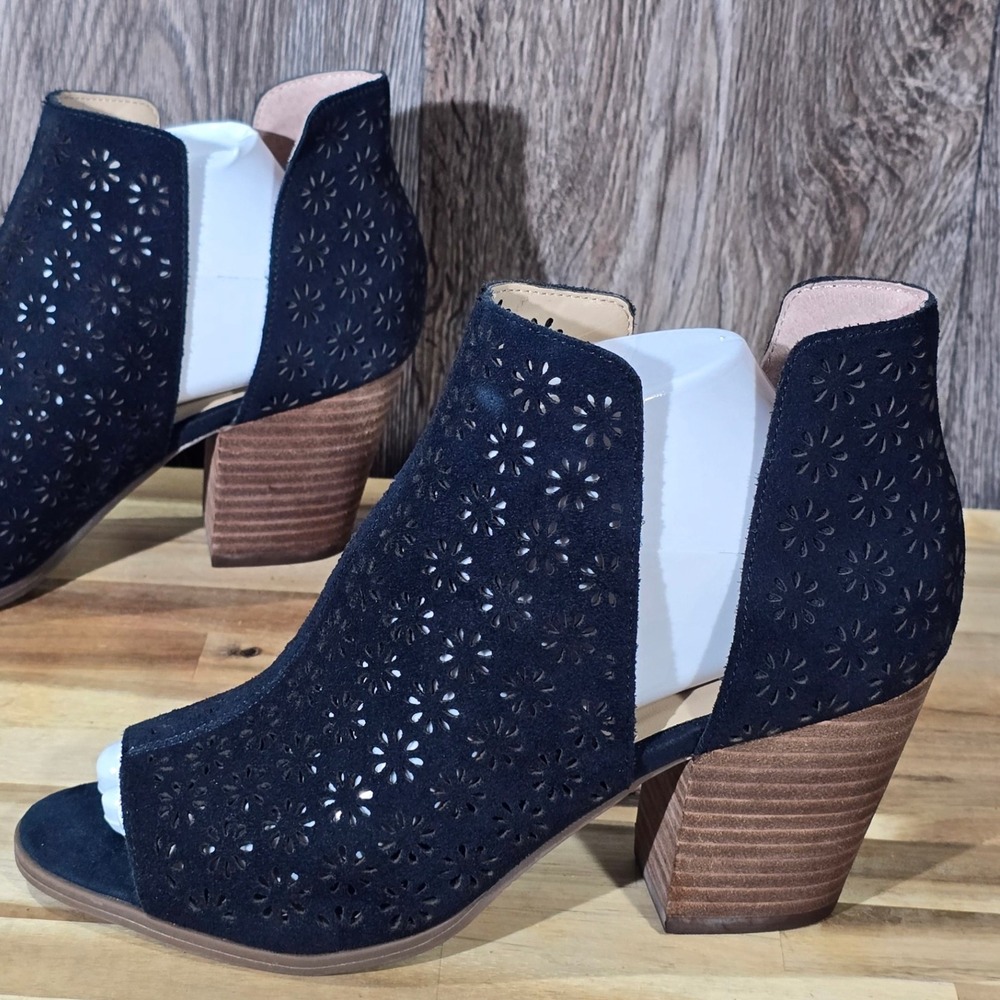 Crown & Ivy Sabrina Blue Suede Laser Cut Peep Toe Block Heel Booties